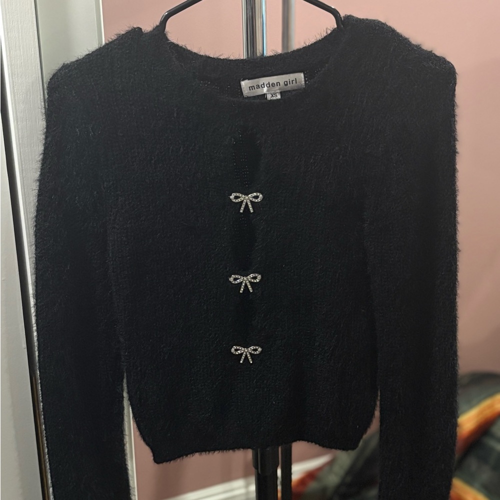 Madden Girl Black Cardigan with Silver Bow Details